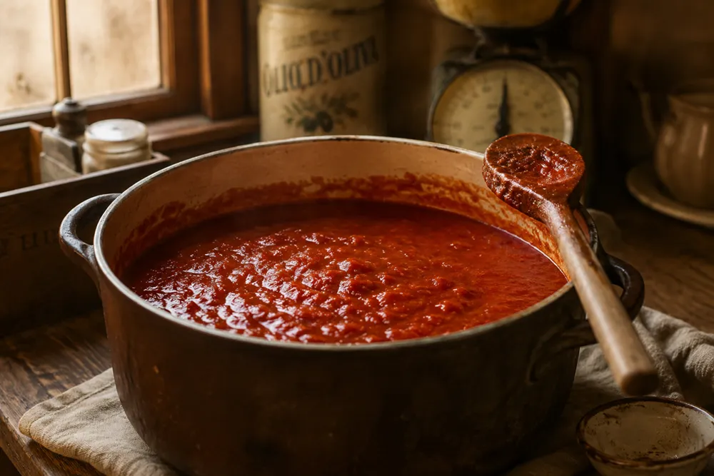 A pot of rich, deep red tomato sauce simmering on the stove