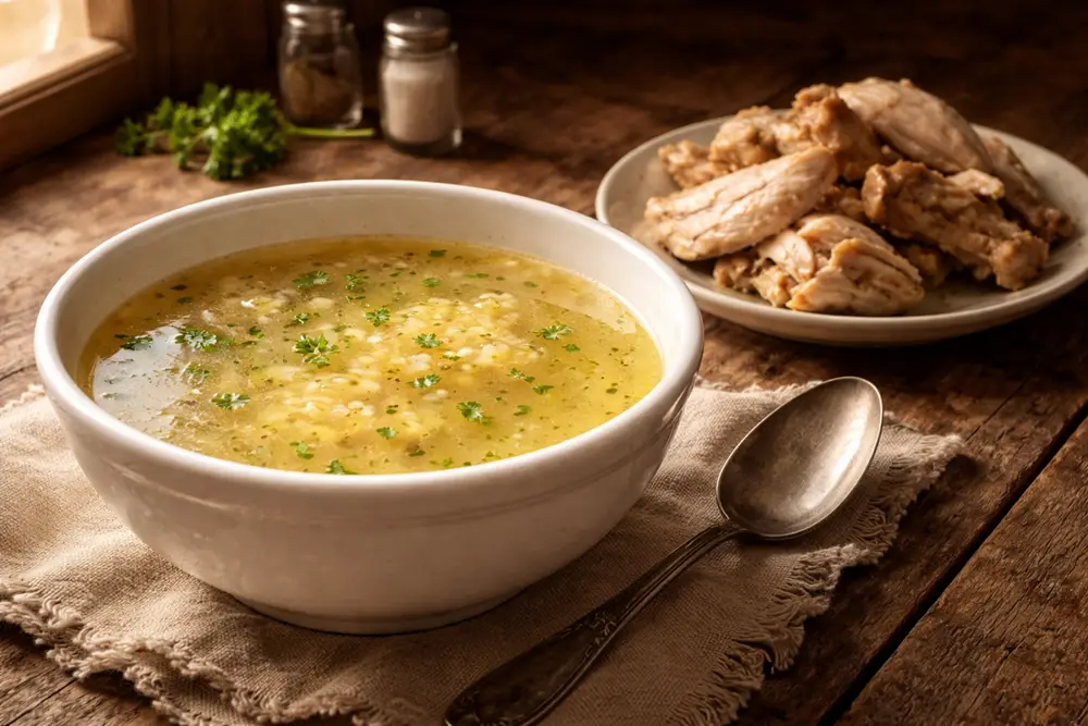 A deep ceramic bowl of pale golden sour soup with rice, steam rising, natural window light on a linen cloth