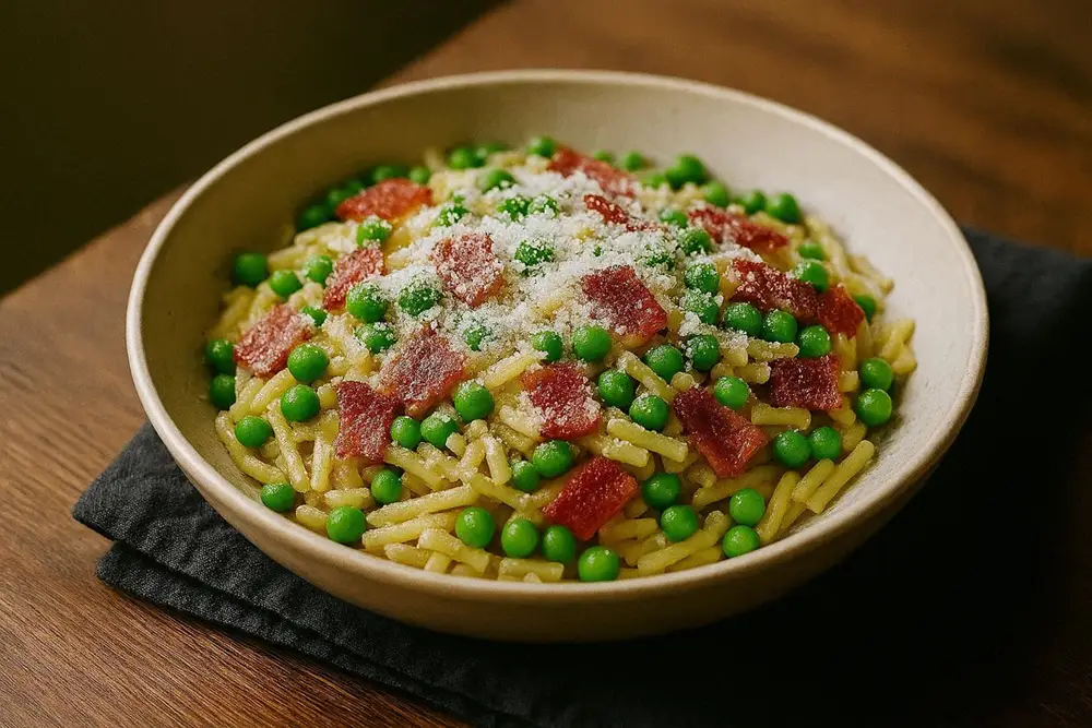 A wide shallow bowl of broken spaghetti with bright green peas and golden bacon pieces, dusted with grated Parmesan, on a linen cloth