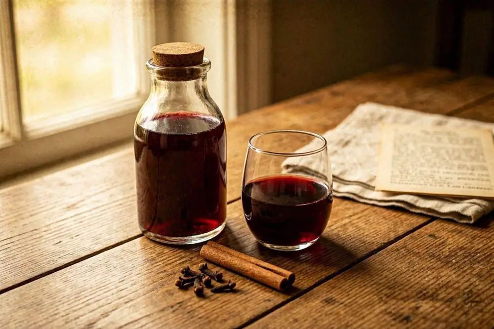 A glass bottle of dark red sour cherry cordial with a small glass poured beside it, garnished with a cinnamon stick