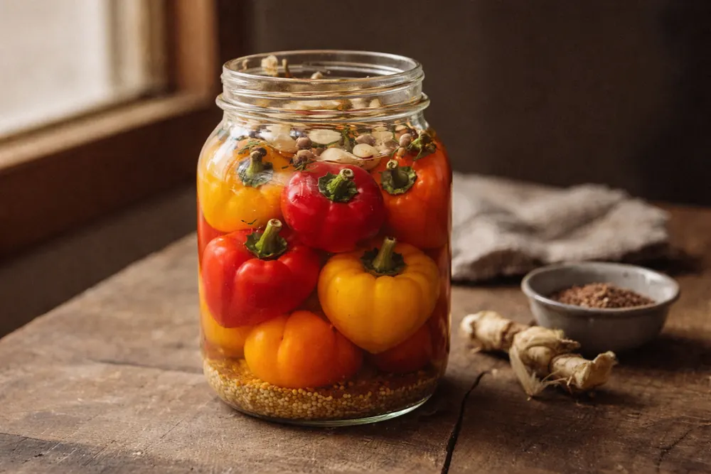 Whole round red and yellow peppers packed into a large glass jar with mustard seeds and horseradish roots, filled with clear sweet-sour brine