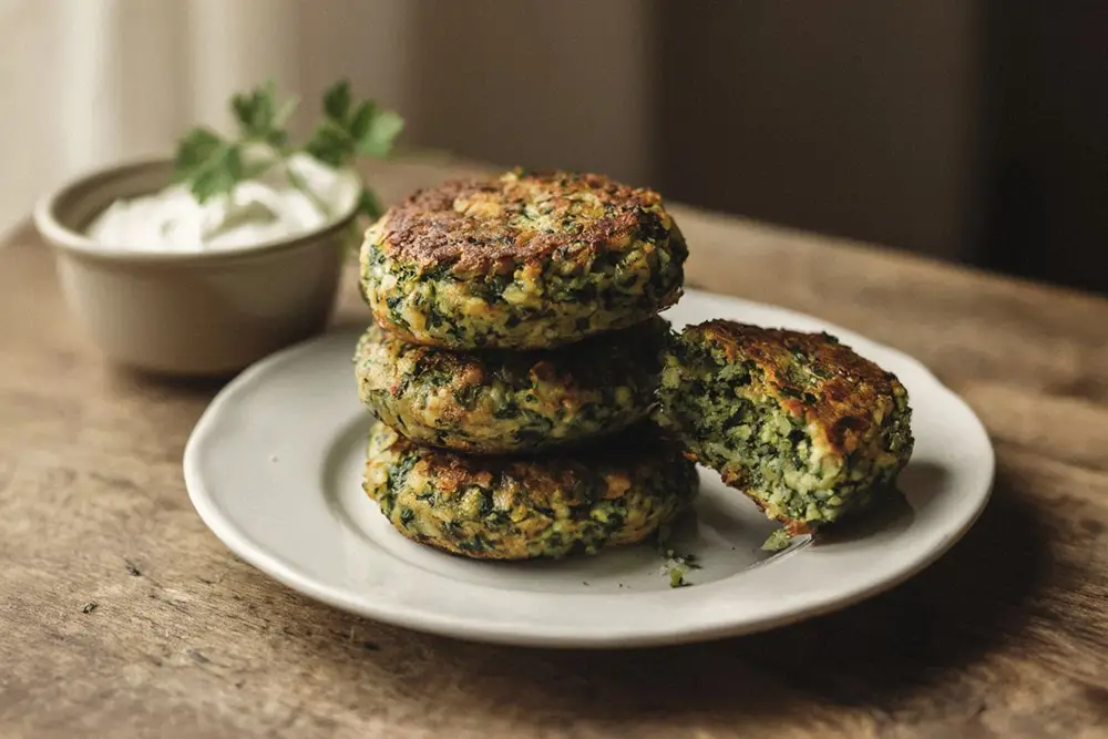 Golden-brown spinach and rice patties stacked on a white plate, crisp edges visible, sour cream and parsley alongside