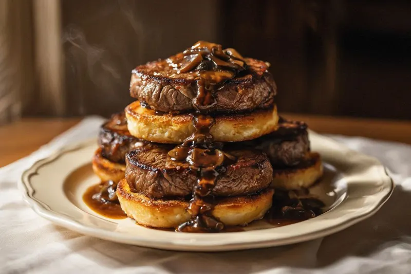 Pan-fried beef steaks on golden croutons with mushroom sauce, served on a white platter