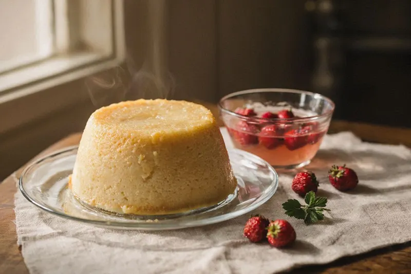 A domed steamed pudding on a glass plate served alongside a bowl of fresh strawberries in wild strawberry juice