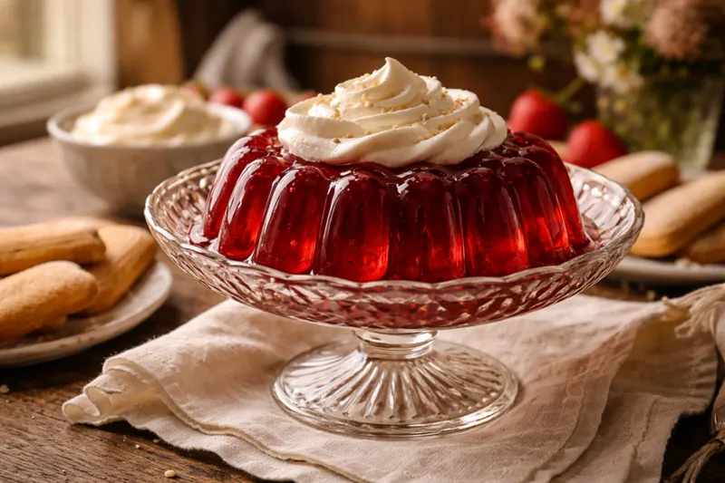 A glistening strawberry jelly unmoulded onto a glass bowl, served with whipped sour cream and biscuits
