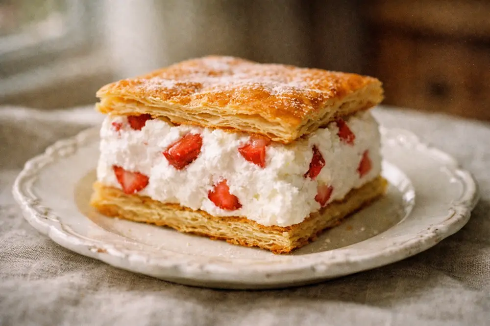 Squares of šaum-pita with visible strawberry pieces in white meringue filling, dusted with powdered sugar, on a vintage plate