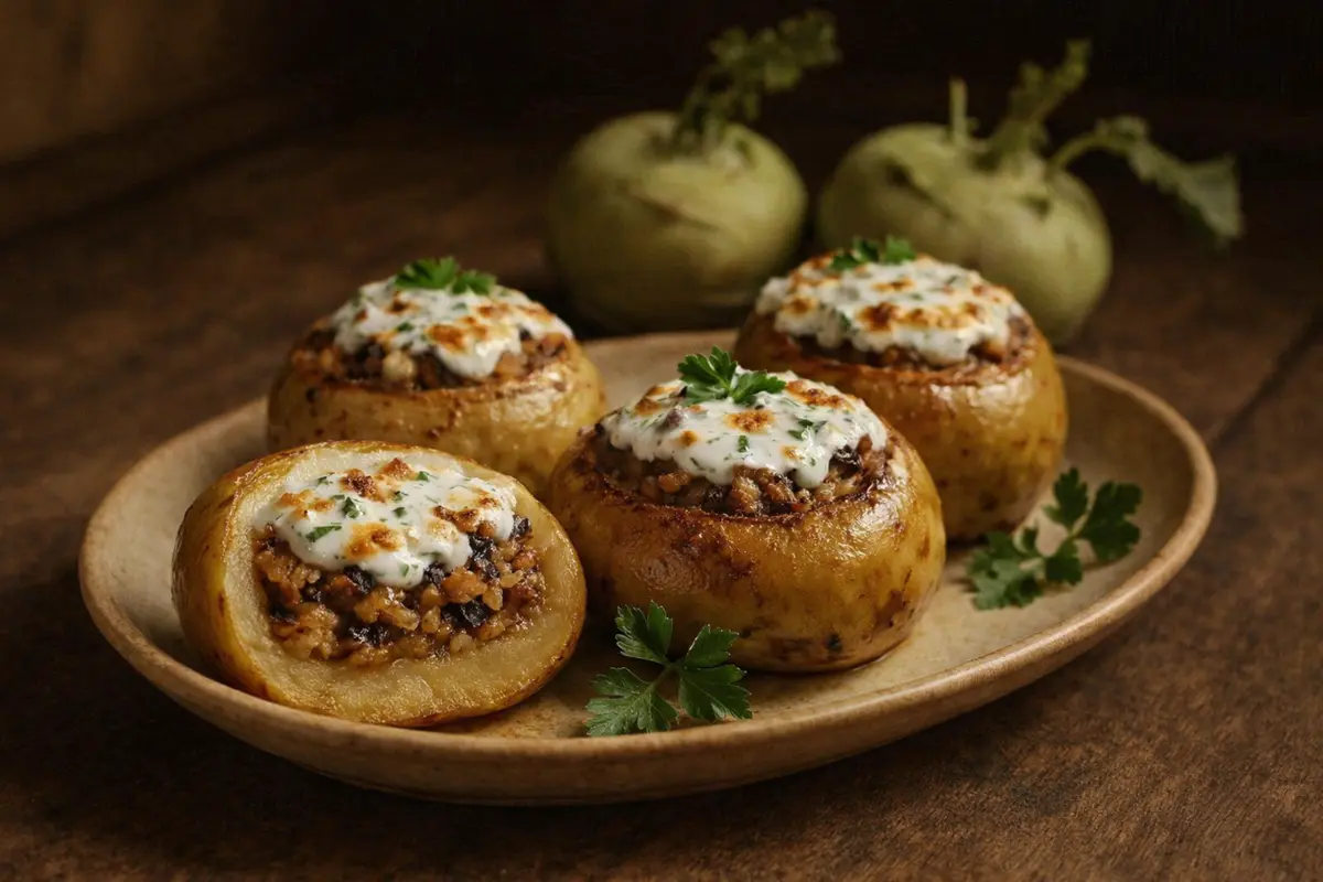 Rustic ceramic platter with stuffed kohlrabi in creamy sauce, garnished with fresh parsley