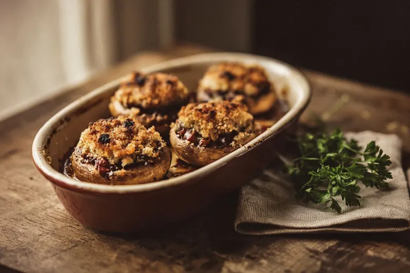 Golden-brown breadcrumb-topped stuffed mushrooms in a rustic oven dish, garnished with parsley