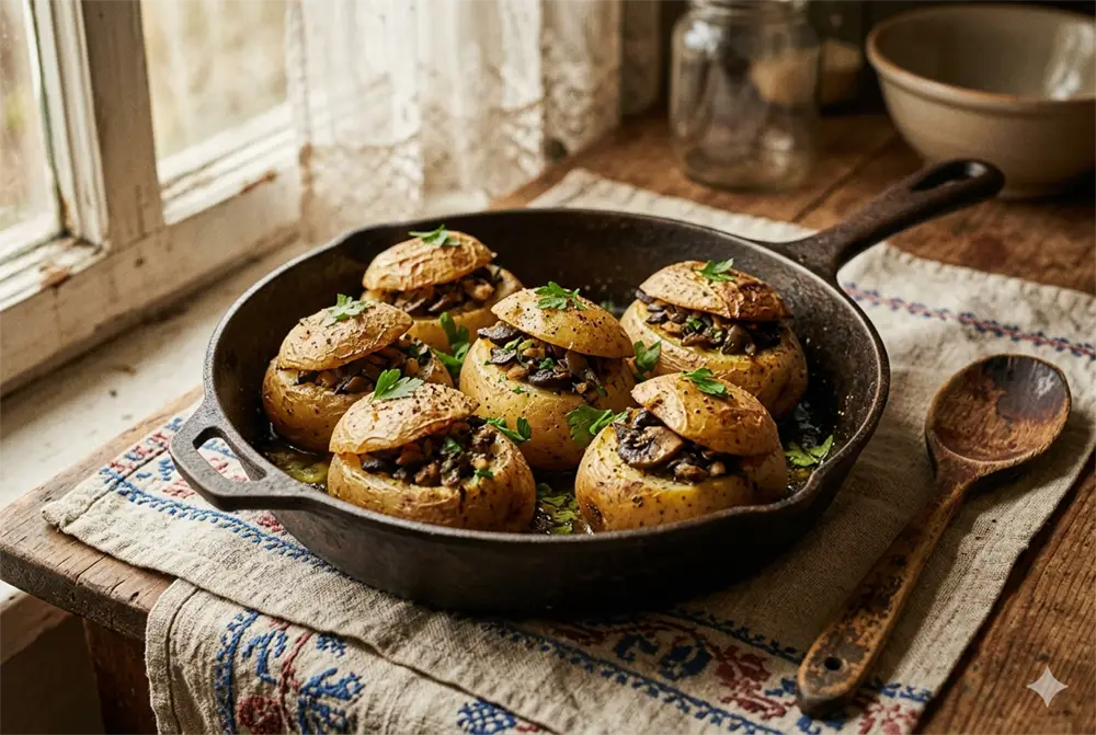 Whole stuffed potatoes with mushroom and leek filling in a deep pan, sprinkled with fresh parsley