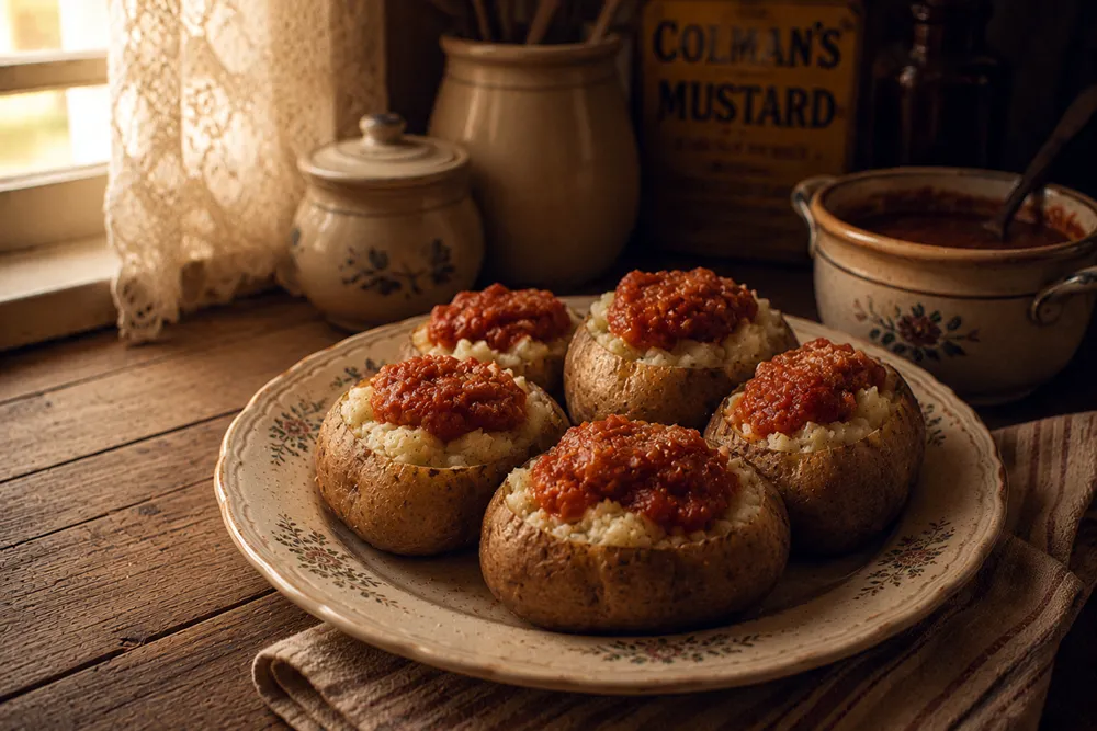 Whole baked potatoes stuffed with meat filling and topped with tomato sauce