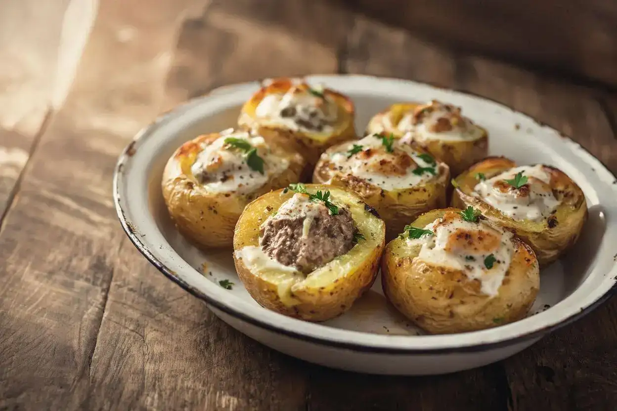 Golden baked potatoes stuffed with liver filling