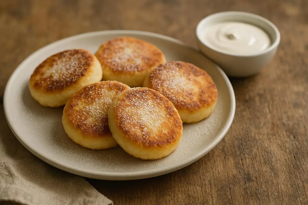 Golden pan-fried curd cheese cakes on a white plate dusted with sugar, served with sour cream