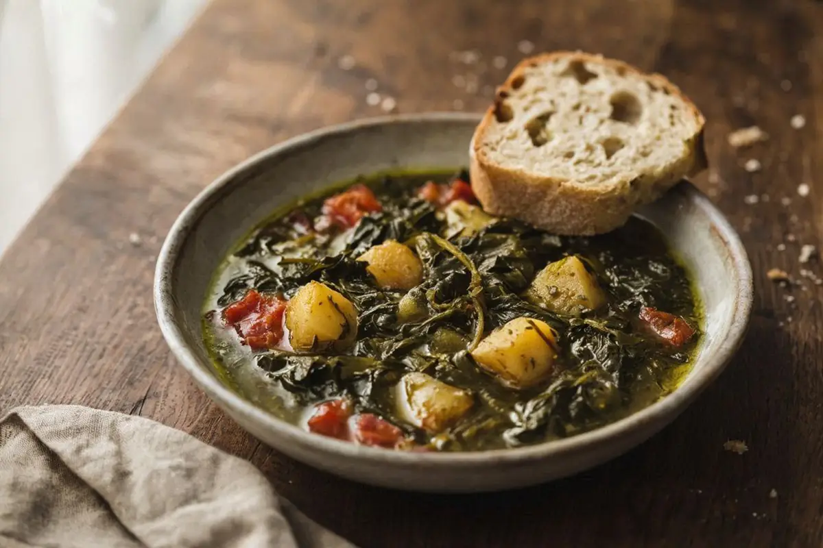 A deep ceramic bowl of dark green Swiss chard stew with potato cubes and tomato in a glistening olive oil broth, on a dark oak table with a slice of crusty bread.