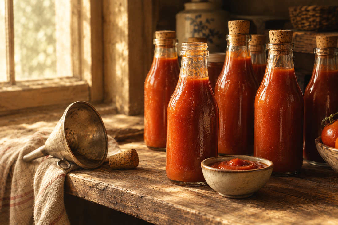 Bottles of homemade tomato ketchup on a wooden table