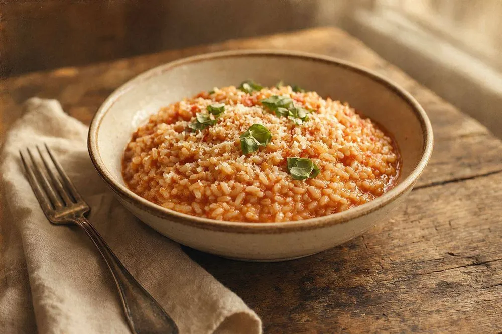 A pot of tomato risotto topped with freshly grated parmesan