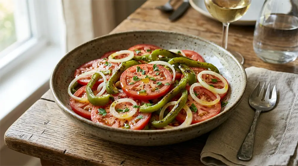 A deep bowl of sliced ripe tomatoes with roasted green pepper strips, dressed with oil and scattered parsley