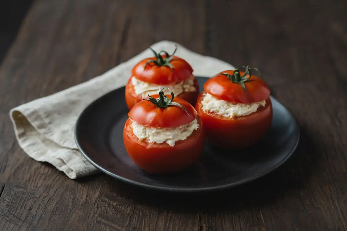 Three firm tomatoes stuffed with creamy celeriac and mayonnaise filling, arranged on a dark ceramic plate on an oak table.