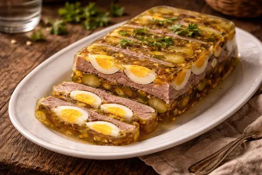 Sliced tongue in aspic terrine on a white serving platter, showing distinct layers of meat, egg, and pickles in clear golden jelly