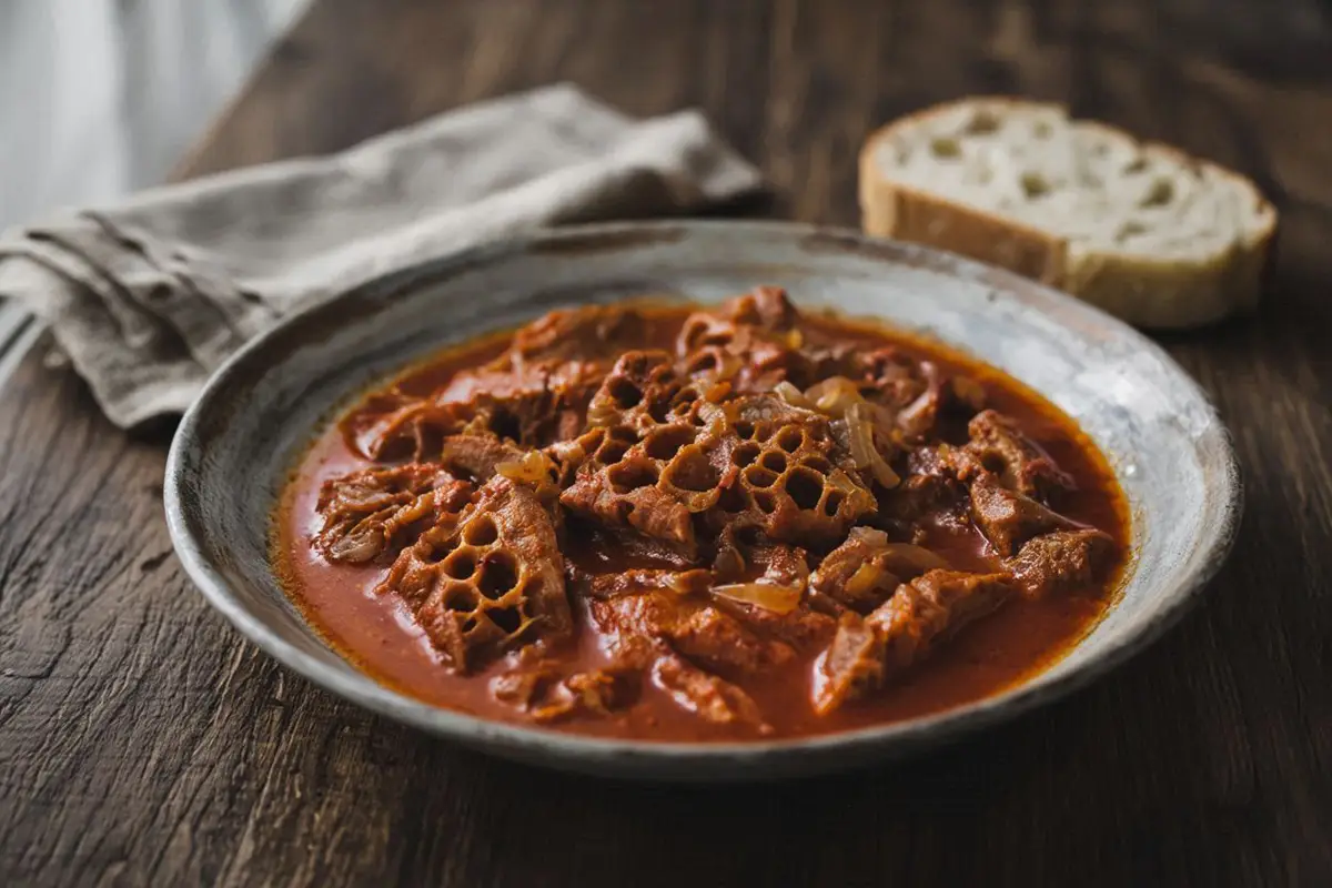 A deep ceramic bowl filled with tender honeycomb tripe pieces in a rich red paprika and onion sauce, served with crusty bread.