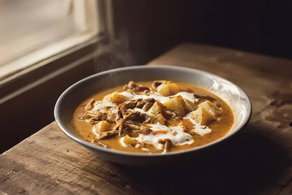 A deep bowl of tripe and potato stew, pale paprika broth, strips of tripe and wedges of potato visible, sour cream swirled on top