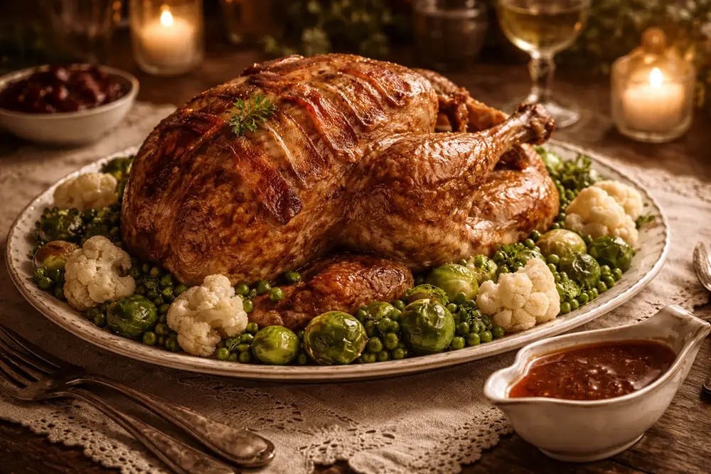 A whole roast turkey on a platter, garnished with cauliflower, green peas, and Brussels sprouts
