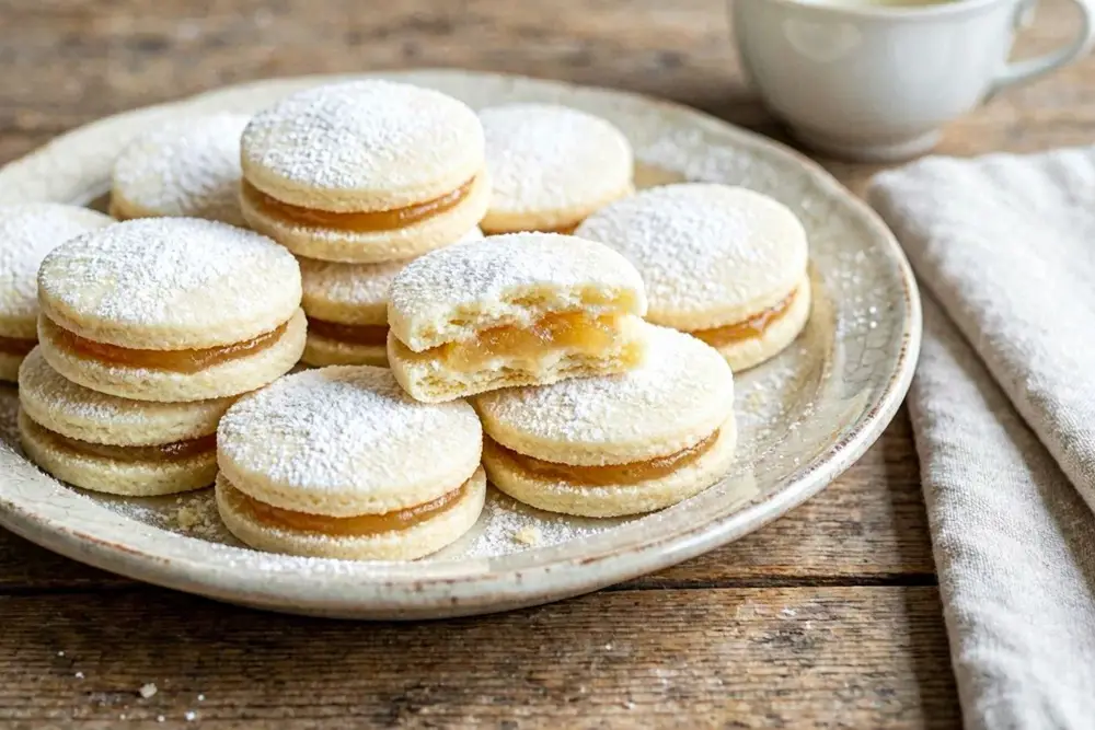 Vanilice sandwich cookies dusted in vanilla powdered sugar, arranged on a linen cloth