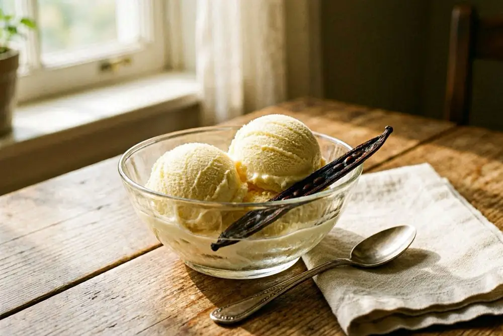 Scoops of pale golden vanilla ice cream in a glass bowl, with a vanilla pod alongside