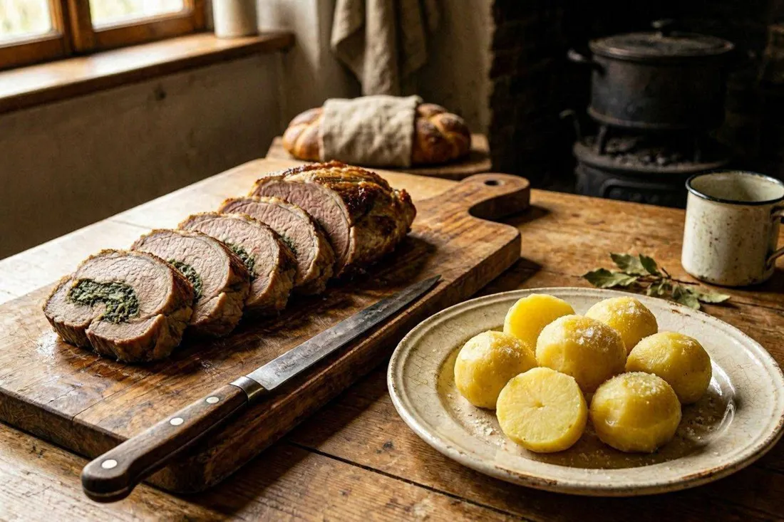 Sliced roasted veal breast showing a spinach filling inside, served with boiled potatoes