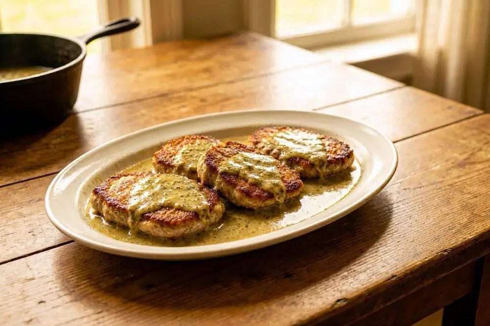 Pan-fried veal cutlets on a serving dish, covered with a pale green pickle sauce