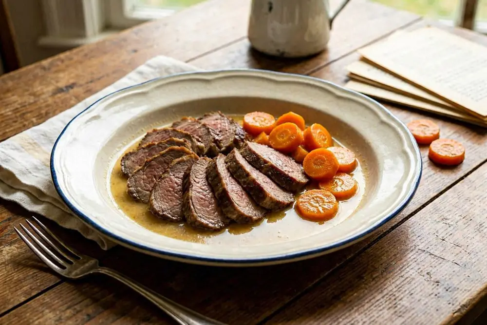 Sliced braised veal heart arranged in a serving dish, covered with a glossy white wine sauce, with carrots and onion visible alongside