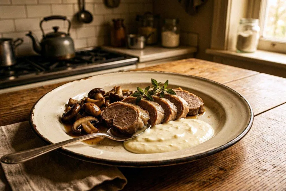 Sliced veal kidney wrapped in veal cutlet, arranged in a serving dish, with a mushroom and sour cream sauce served alongside