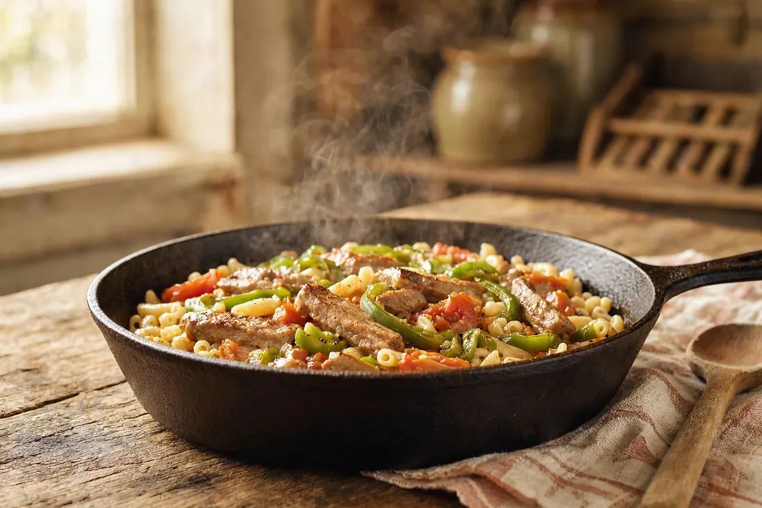 Veal strips, peppers, and tomatoes mixed with macaroni in a skillet