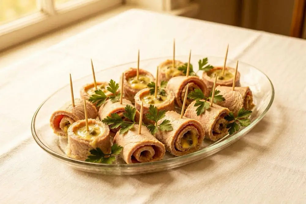 Veal wrap filled with tartar sauce and garnished with flat-leaf parsley, arranged on a glass serving dish
