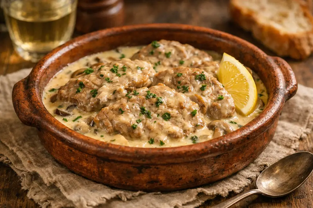 Braised veal steaks in white wine sour cream sauce, served in a terracotta casserole
