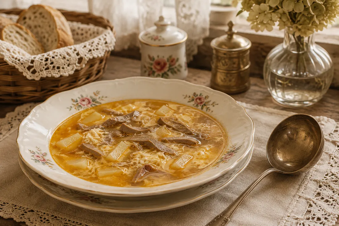 A bowl of veal sweetbread and caul fat soup with root vegetables, finished with a golden egg-and-cream swirl