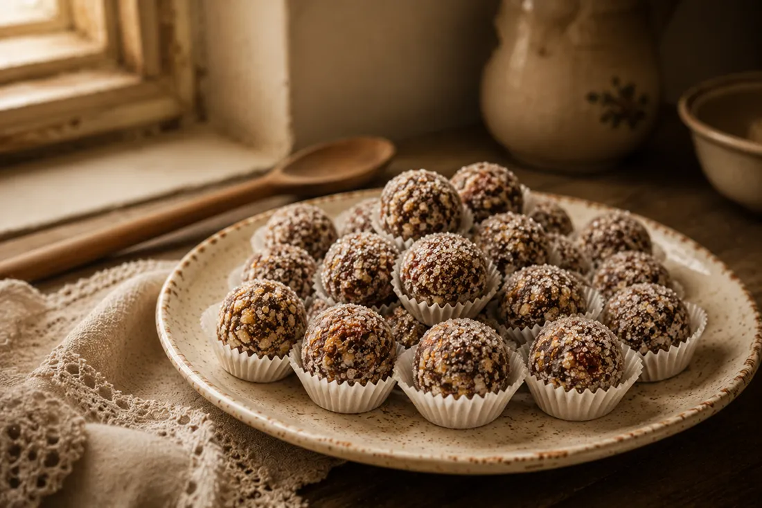 Vegan fig, date and walnut energy balls rolled in crystal sugar, arranged on a vintage plate