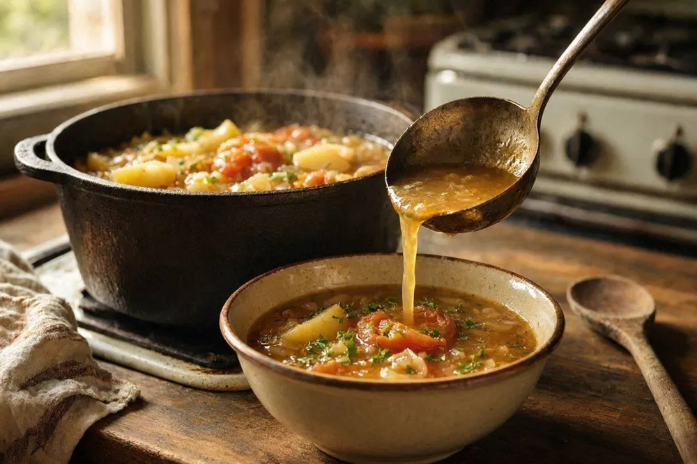 A pot of slow-simmered vegetarian janija stew garnished with fresh parsley