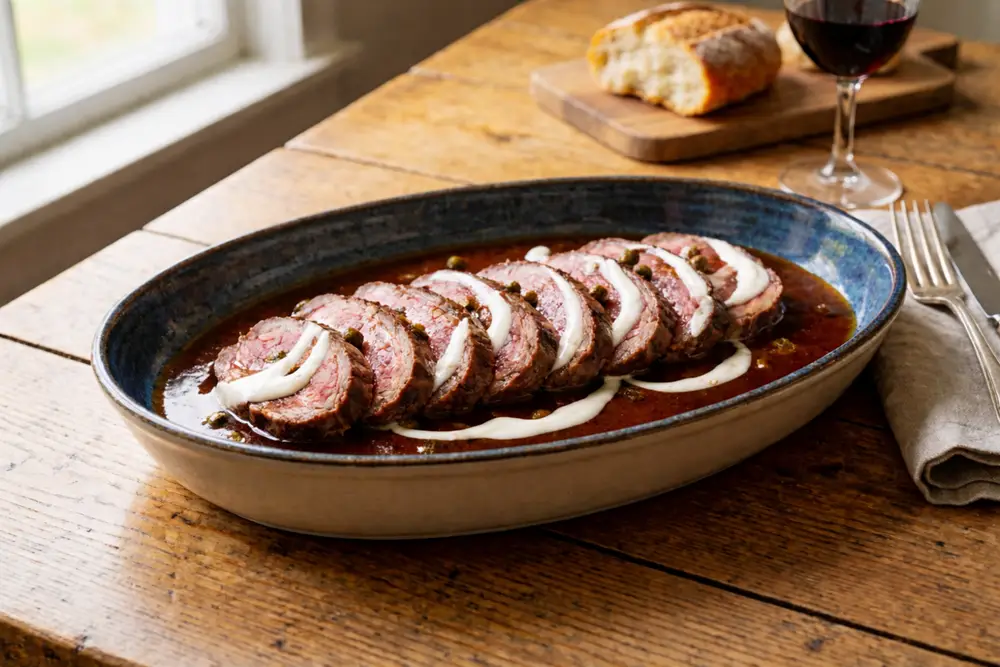 Sliced venison loin in a rich dark sauce with capers, served in a long ceramic dish on a wooden table