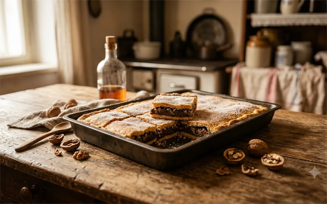 A baked two-crust walnut and chocolate pastry, dusted with vanilla sugar and cut into squares