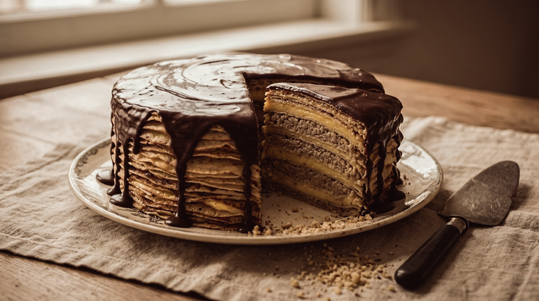 Sliced layered crêpe torte with chocolate glaze on a plate