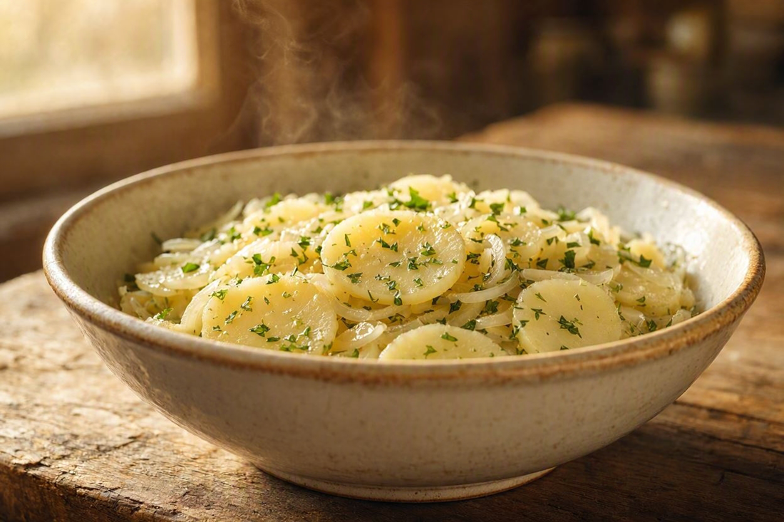 Sliced warm potato salad with onion and parsley in a serving bowl