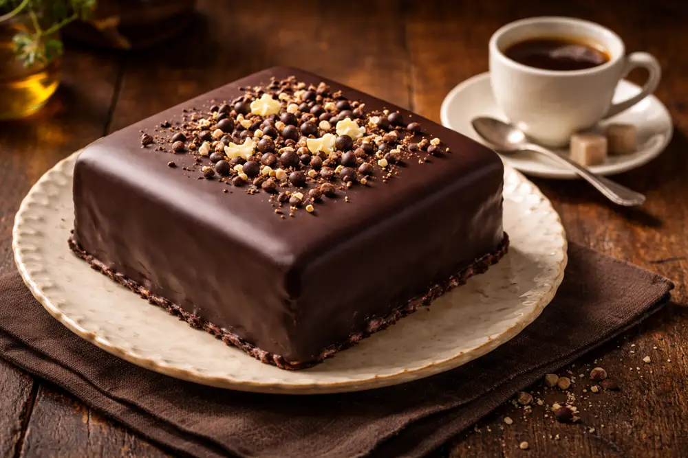 Warsaw Almond and Chocolate Torte as a whole square cake with smooth dark chocolate glaze, espresso cup beside it on a dark wooden table