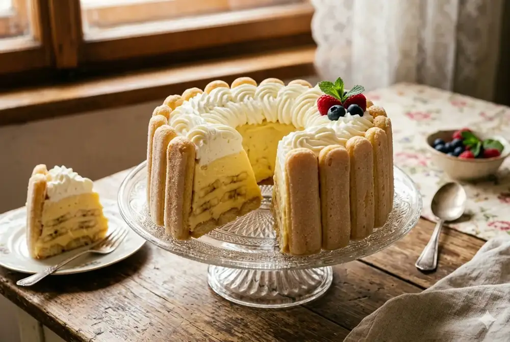 A chilled bundt-shaped dessert unmoulded onto a glass plate, decorated with whipped cream in the centre and around the sides, with banana slices visible in the layers