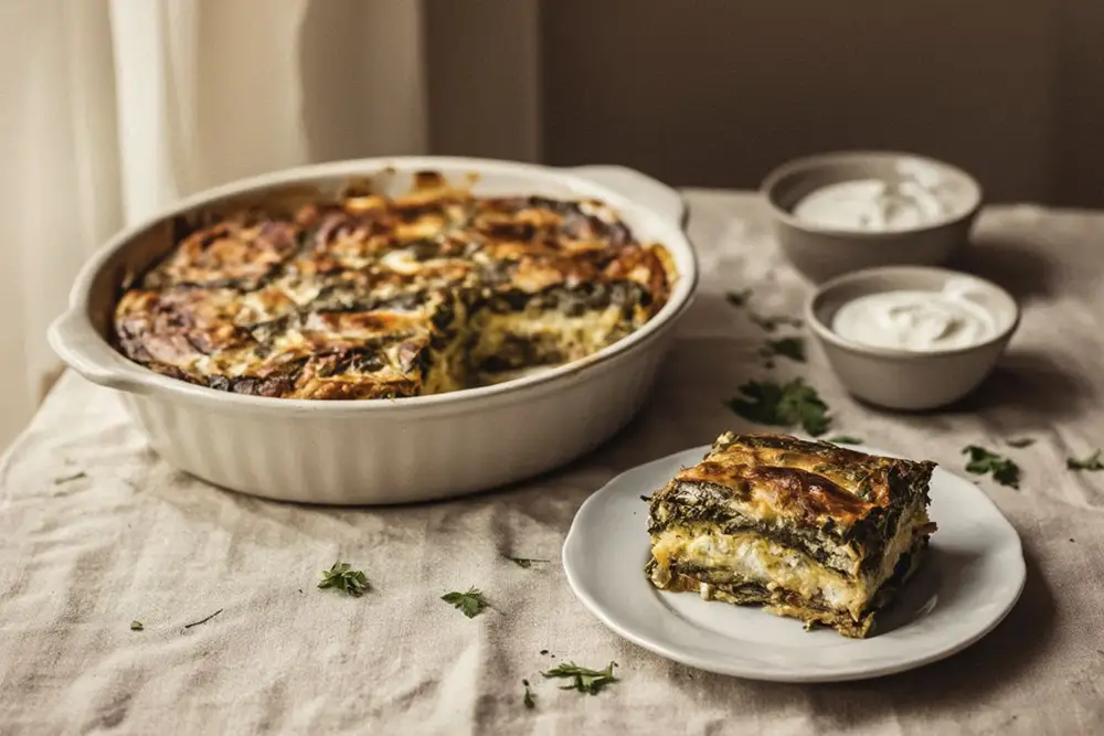 A golden baked moussaka of fried vine leaves and chicken filling in a ceramic baking dish, custard topping just set, fresh parsley scattered over