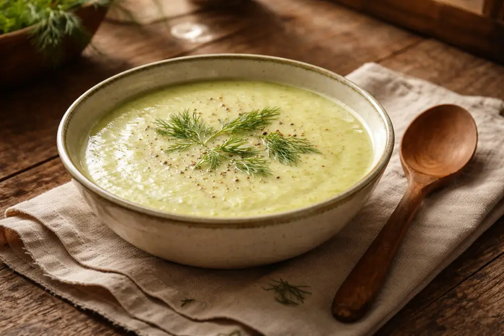 A bowl of pale green zucchini soup garnished with fresh dill and black pepper, on a linen cloth with a wooden spoon alongside